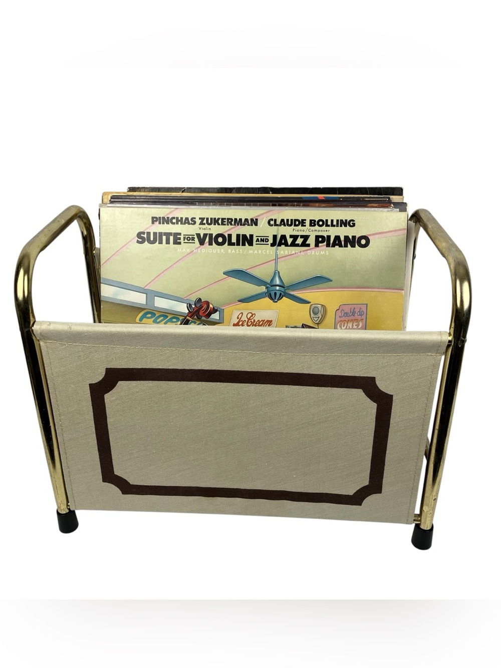 Vintage 1950’s MCM Record Holder Atomic Brass Gold Canvas Magazine Rack